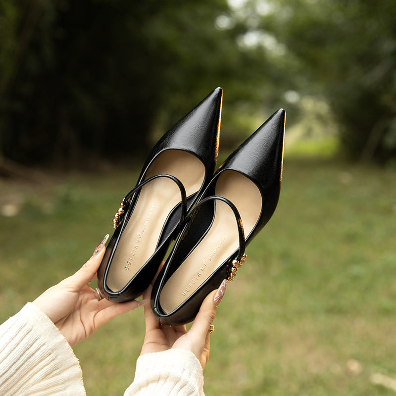 Sheepskin Word Buckle High Female Stiletto Women's Fashion Shoes