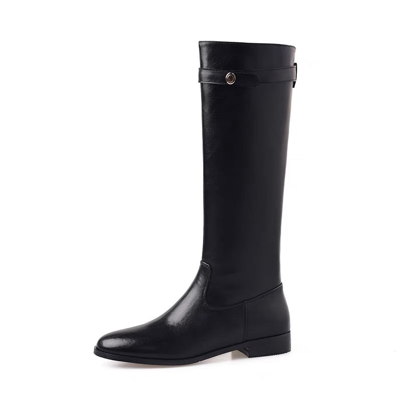 Women's Small Retro Black Tall Knight Belt Women's Leather Boots