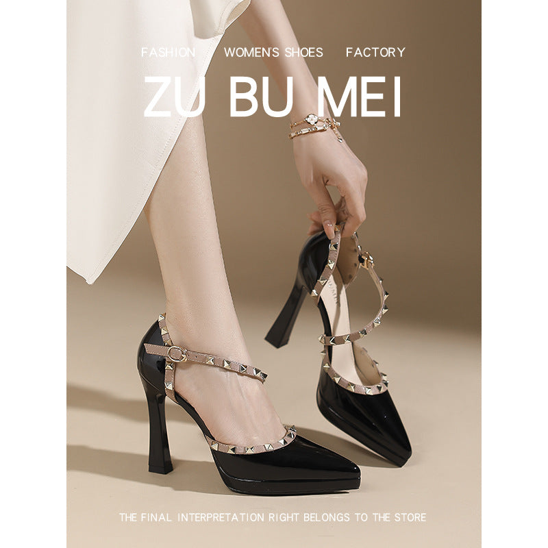Women's Rivets Toe Cap Hollow Pointed Stiletto High Heeled Sandals