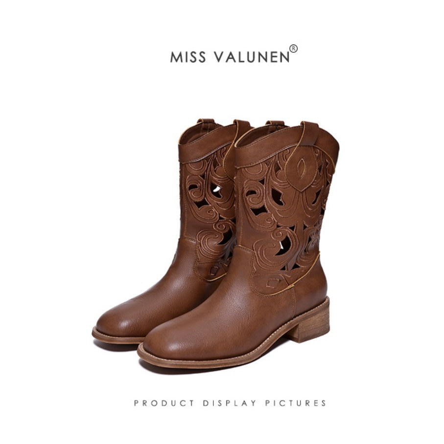 Miss Warren Summer Western Cowboy Round Head Low Women's Leather Boots