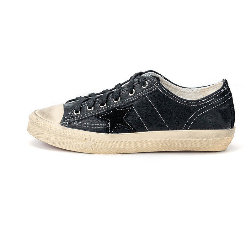 Cowhide Distressed Dirty Retro Lace Up Star Pattern Female Golden Women's Casual Shoes