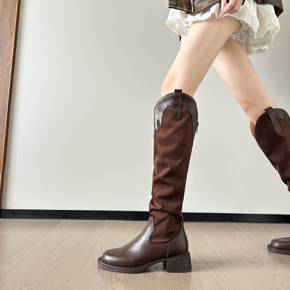 Women's The Knee V Cut High American Retro Western Cowboy Autumn Women's Leather Boots