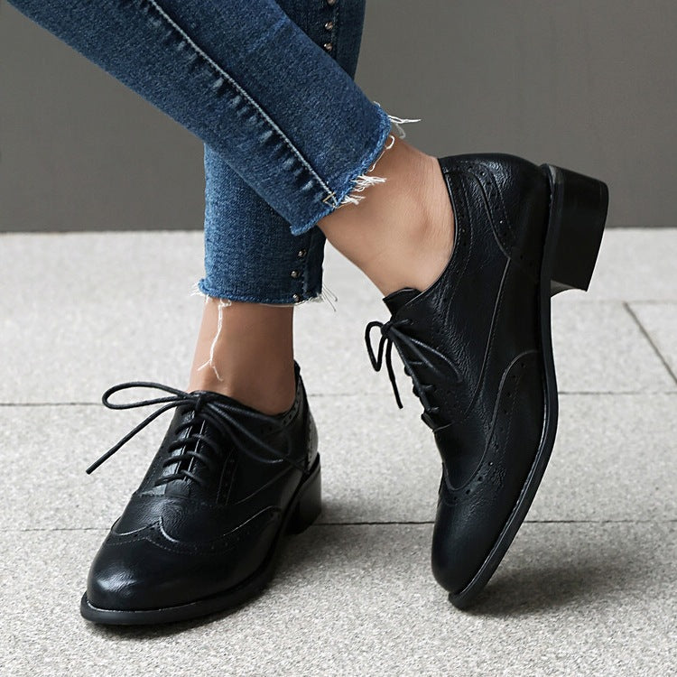 Women's Style Brogue Retro Flat Bottom Chunky Pumps Oxford Female Leather Shoes
