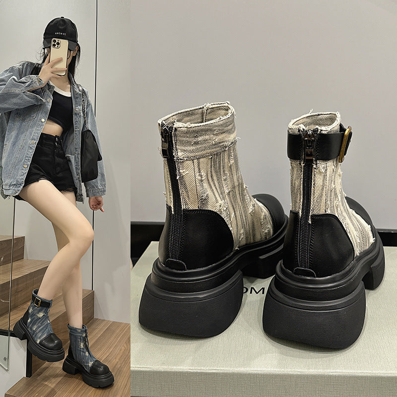 Women's Martin Distressed Denim Motorcycle Flat Bottom Super Hot Women's Leather Boots