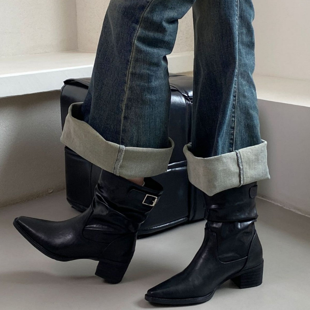 Women's High Short Slim Pile Style Chunky Women's Leather Boots