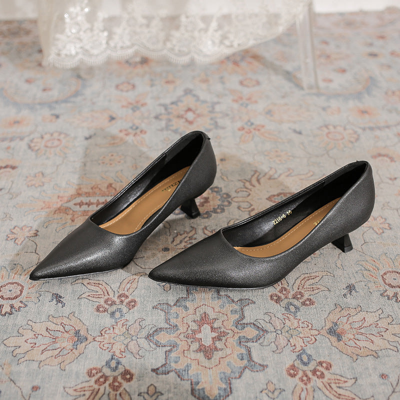 Women's Pointed Toe Shallow Mouth Elegant Plain Surface Pumps Professional Kitten Heels