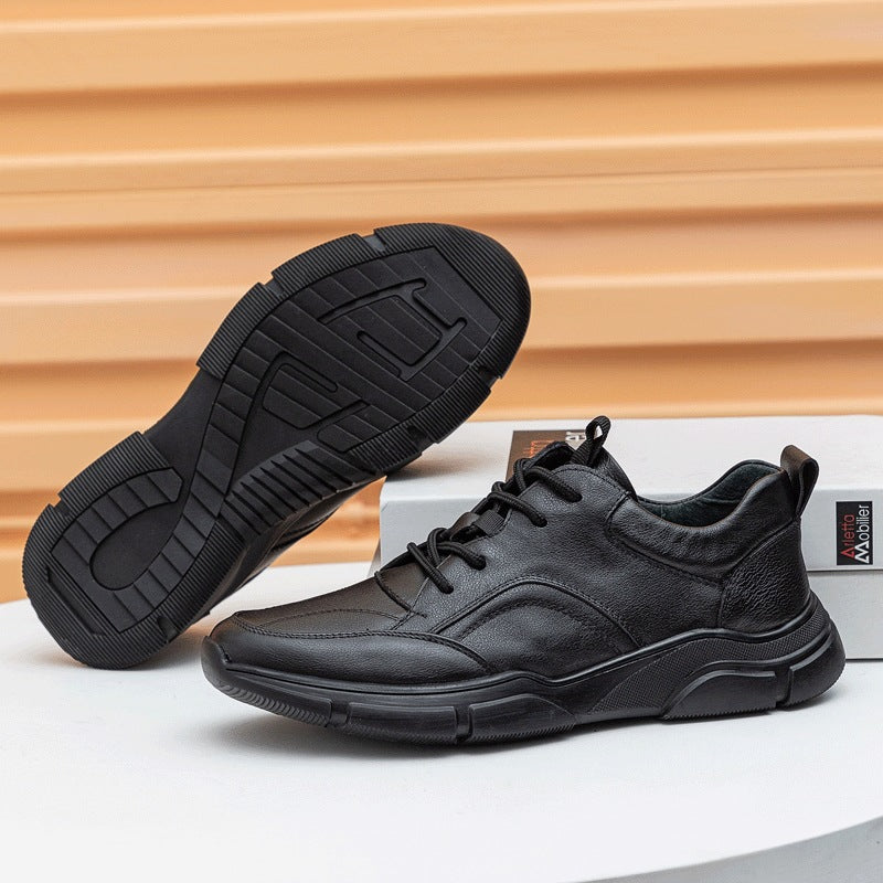 Men's Running Black Front Business First Layer Cowhide Low Cut Round Casual Shoes