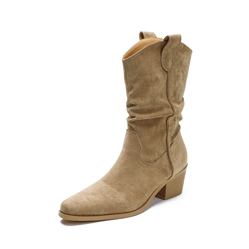 Women's Height Increasing Pile Style Autumn V Buckle Slimming Thick Middle Women's Leather Boots