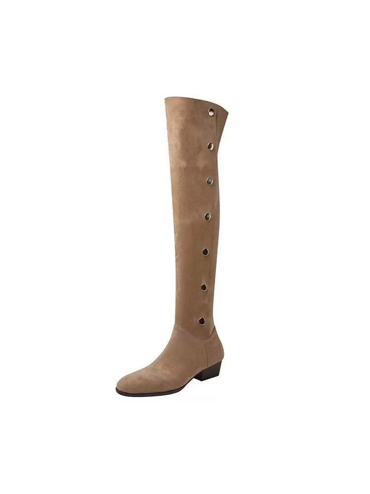 Women's Pointed Toe Pile Style Western Cowboy Button Side Women's Leather Boots