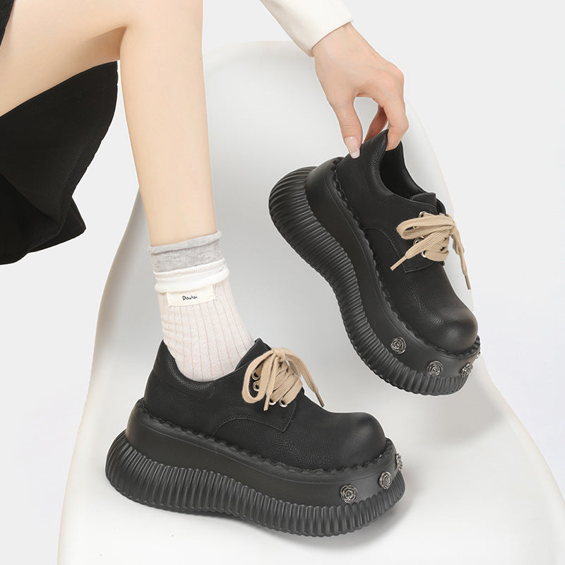 Women's British Style Platform Autumn Black Round Women's Fashion Shoes