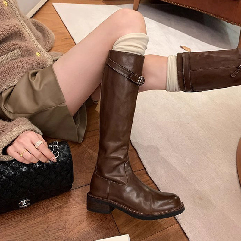 Women's Grape Long Thick Bottom Riding Large Size Pleated Women's Leather Boots