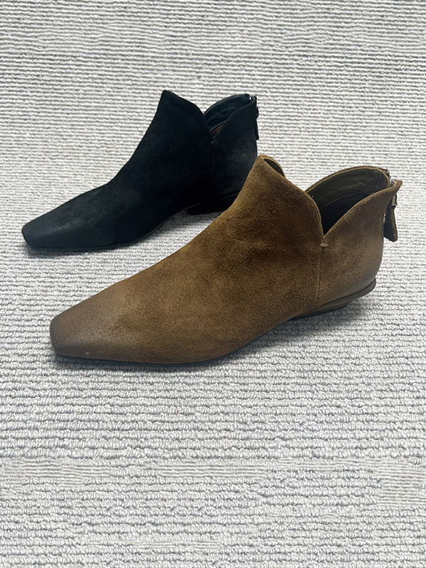 Square Toe Matte Retro Booties Niche Brushed Back Zipper Low Heels