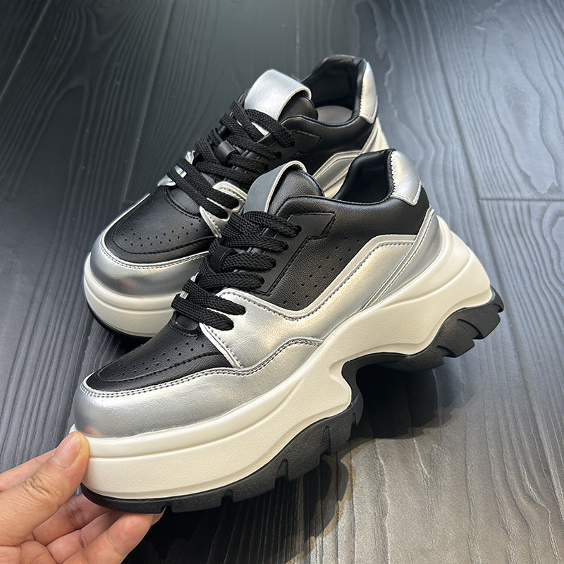 Women's Platform White Lace Up Increased Versatile Leather Shoes