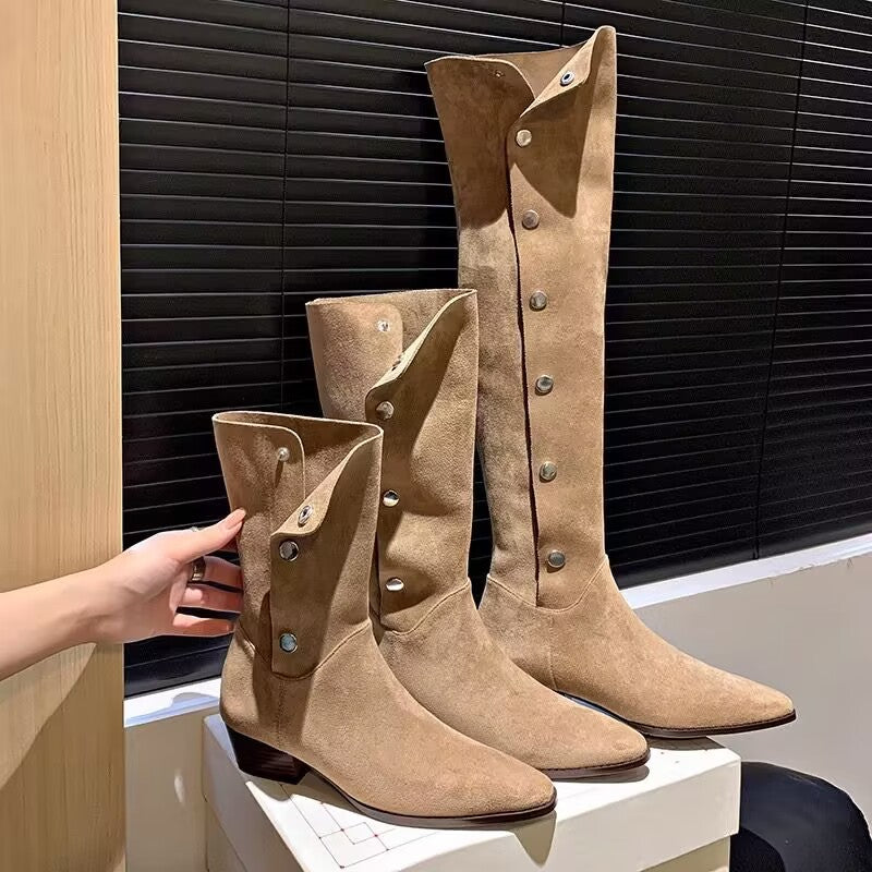 Women's Western Cowboy Pile Style Autumn Single Pointed Toe Long Chunky Women's Leather Boots