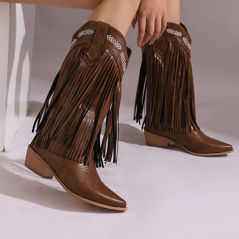 Women's Mid Pointed Western Tassel Embroidery Women's Leather Boots