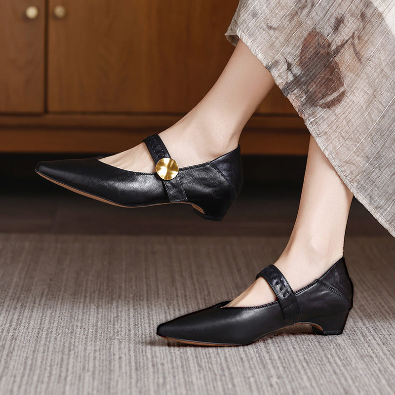Women's Spring Pointed Toe Western Style Cowhide French Low Velcro Shallow Women's Casual Shoes