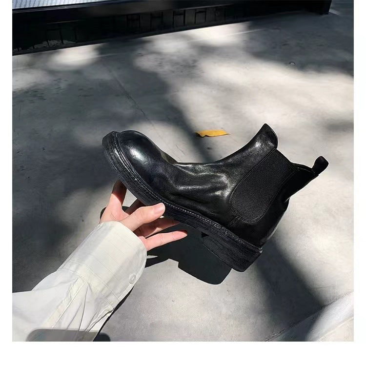 Women's Washed Horse Pleated Chunky Platform Smoke Pipe Boots