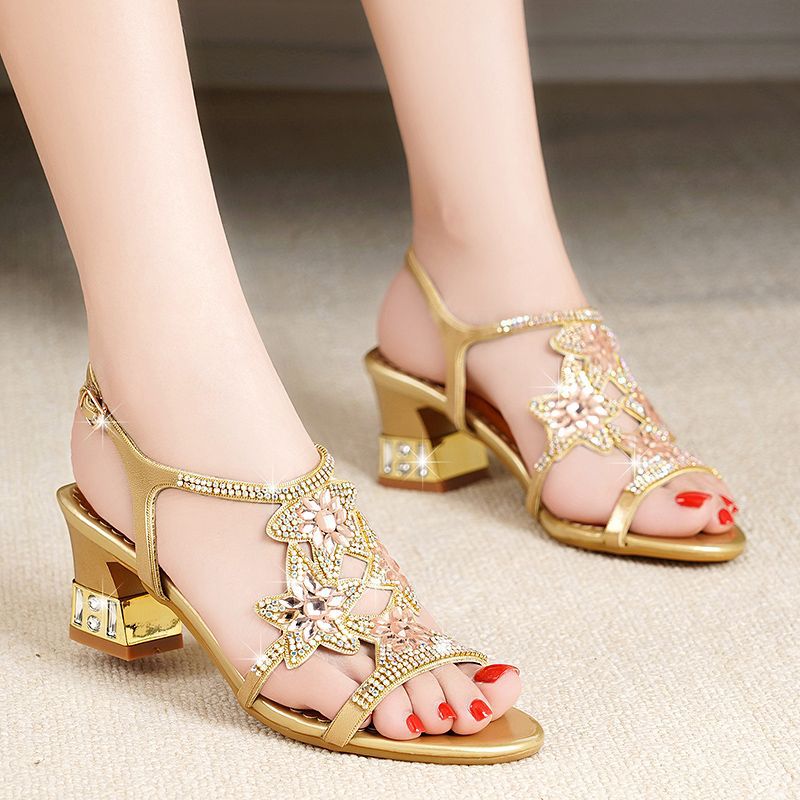 Women's Rhinestone Summer Bohemian Fashion Crystal Chunky High Heeled Sandals