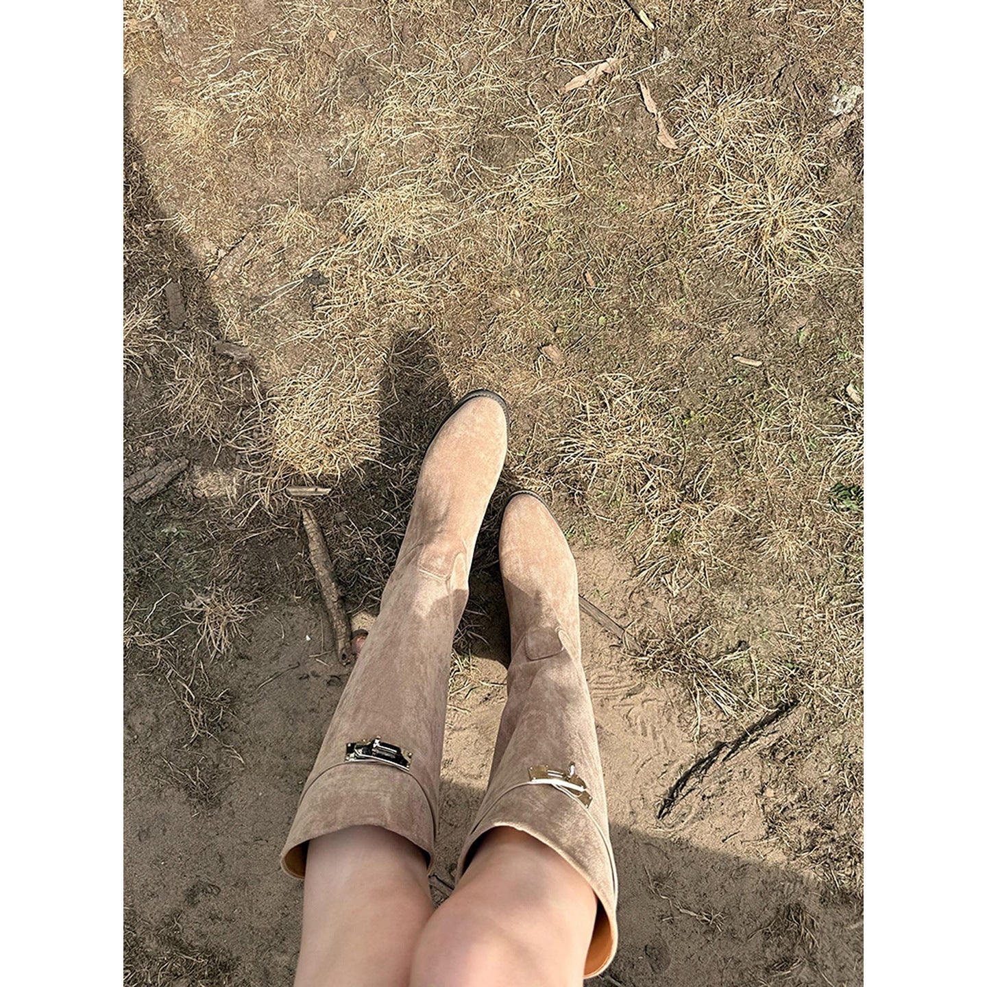Women's Common Style Tall Knight Suede Surface Lock Round Head Chunky Women's Leather Boots