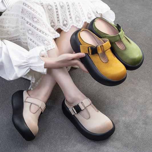 Women's First Layer Cowhide Closed Toe Light Luxury Minority Thick-soles Slippers