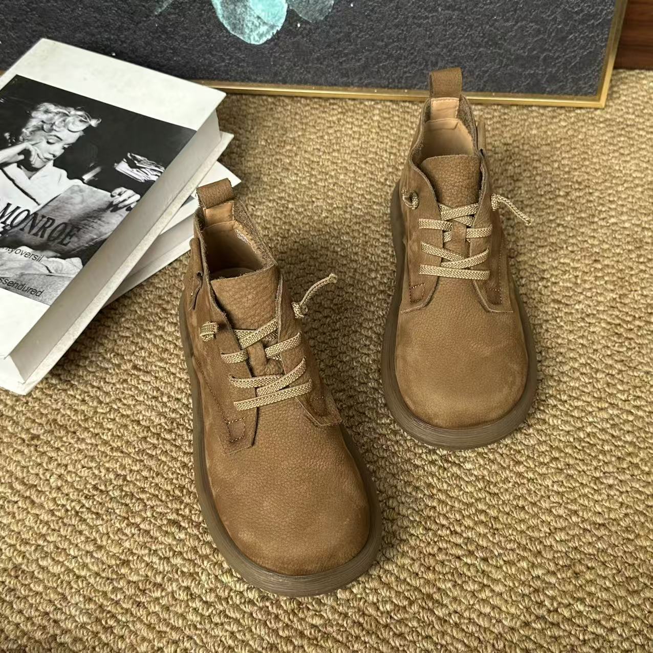 Layer Cowhide Retro Ankle Cotton Linen Style Genuine Round Toe Boots