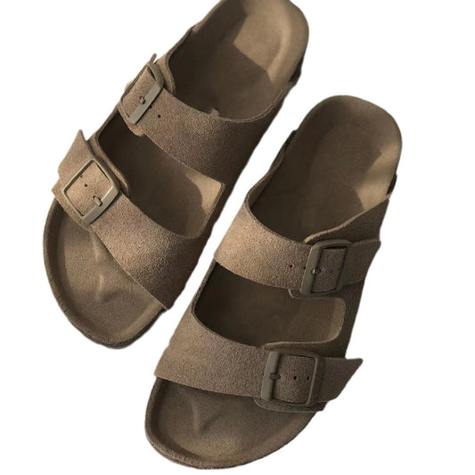 Women's Belt Buckle Cork Cowhide Soft Bottom Sandals