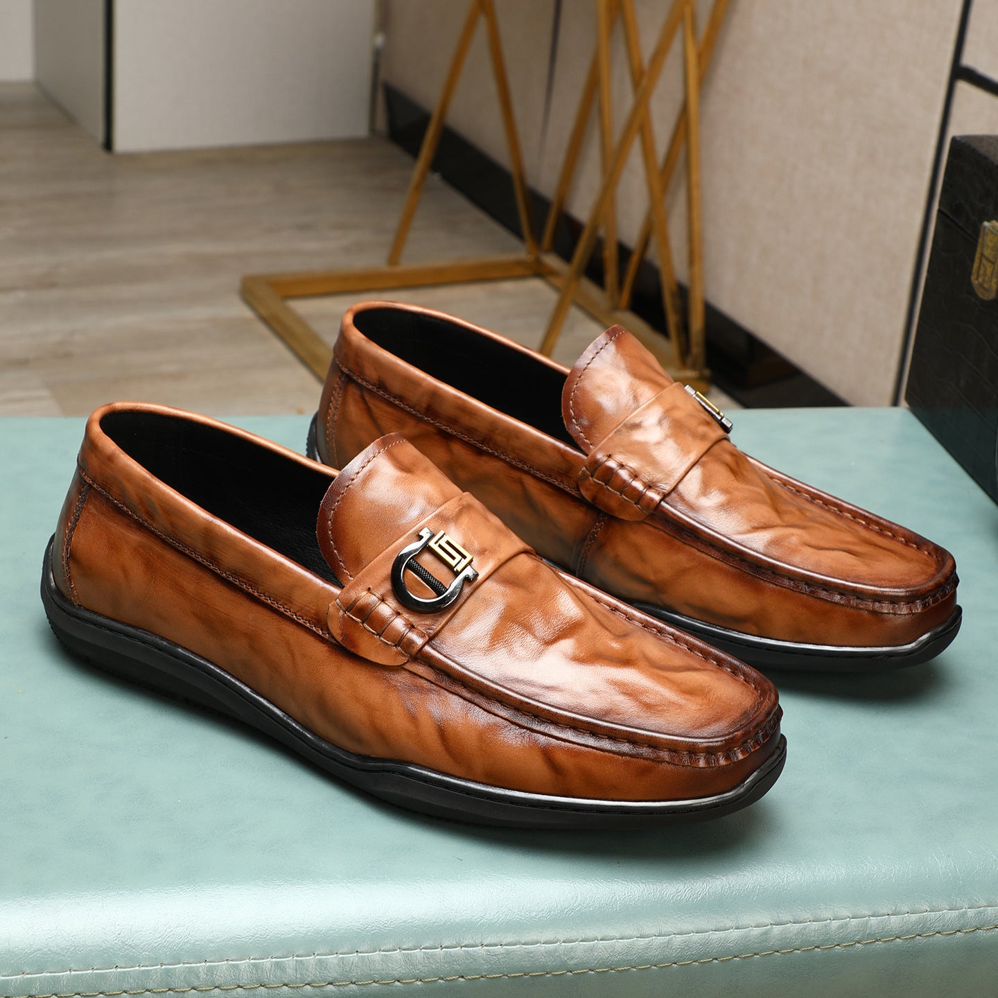 Men's Clutch Pattern Cowhide Spring Slip-on Comfortable Flat Loafers/doug Shoes