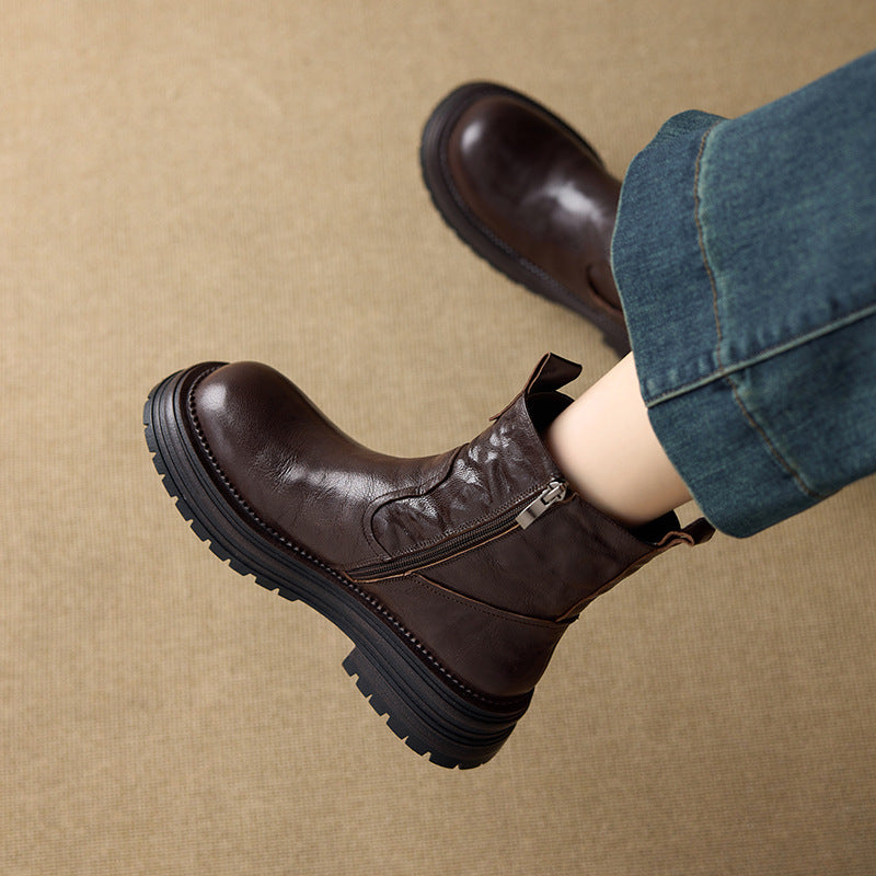 Women's Wool Cowhide Winter Fleece Lined Padded Warm Keeping Cotton Martin Women's Leather Boots