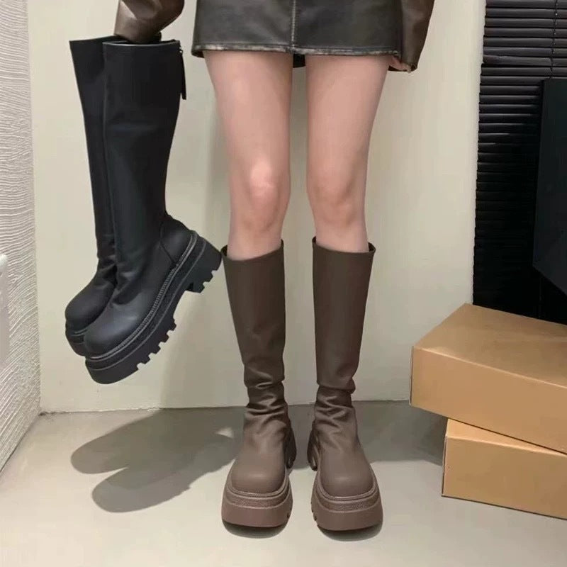 Fleece-lined Pleated Stretch Muffin Thick Bottom Thin Long Female Slimming Women's Leather Boots