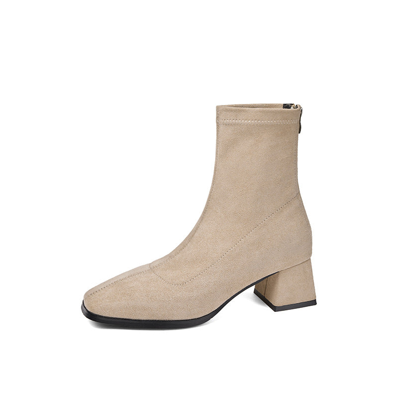 Women's Korean Elegant Square Toe High Skinny Stretch Women's Leather Boots