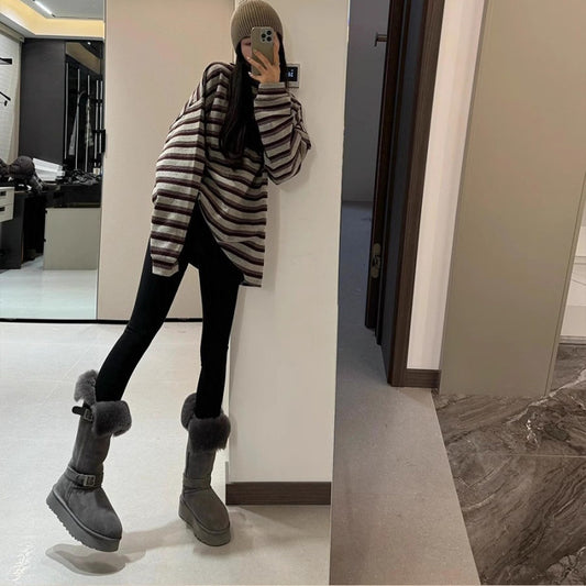 Women's Gray Winter Northeast Thickened Fleece-lined Thick-soled Boots
