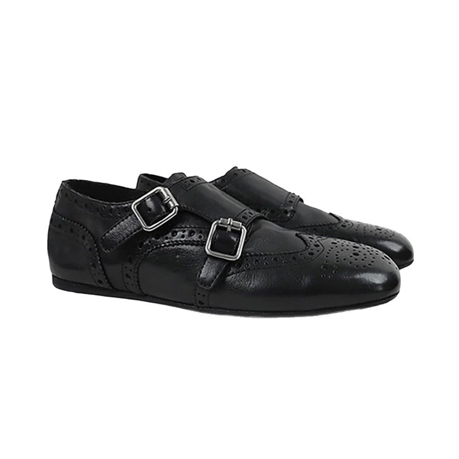 Women's Hair Vintage Brogue Carved Belt Buckle Square Toe British Loafers