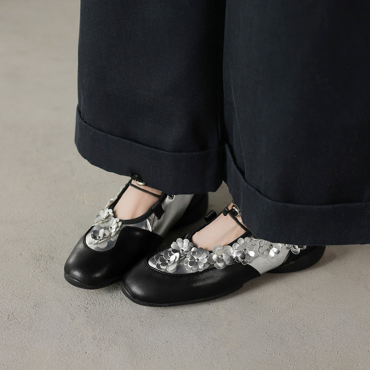 Women's Flower Mary Jane Platform Genuine Round Head Heels
