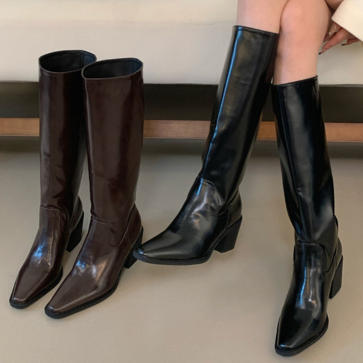 Retro Brown Below The Knee Long Female Autumn Women's Leather Boots