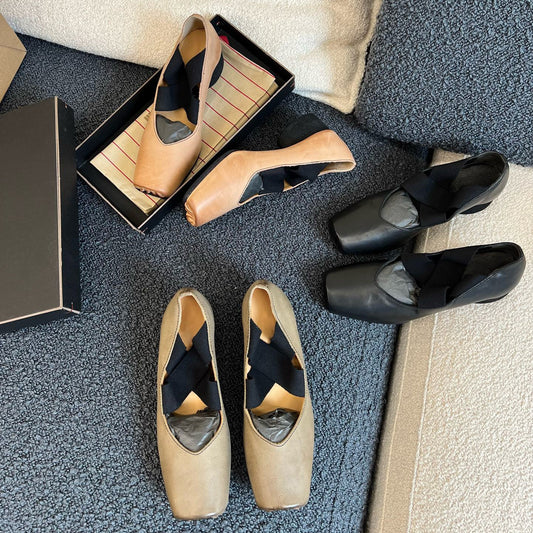 Women's Style Handmade Retro Pig Nose Ballet Authentic Square Toe Mid Heels