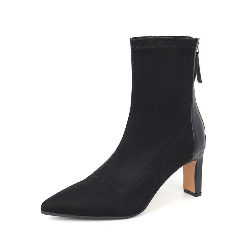 Women's French Style High Chunky Pointed Toe Back Zipper Suede Stretch Women's Leather Boots