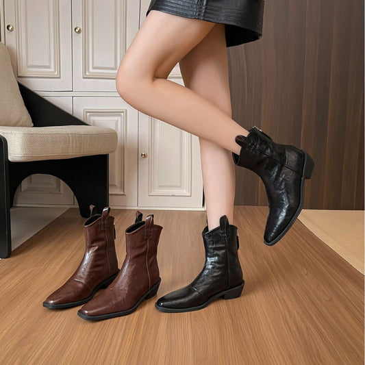 Women's Sheepskin Square Toe Ankle Retro V Cut Small People Show Women's Leather Boots