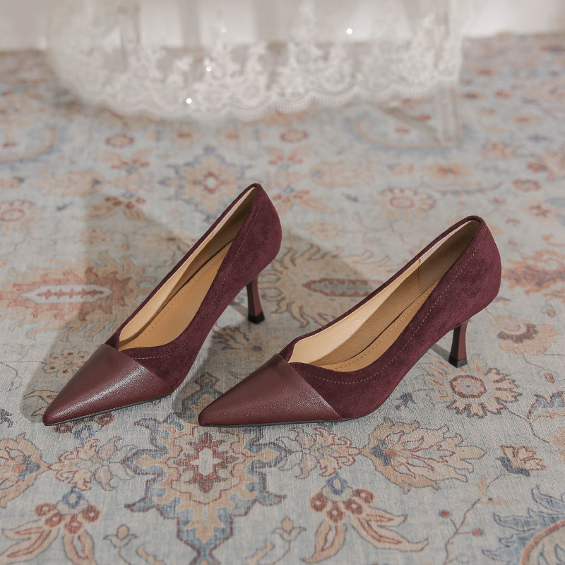 Women's Retro Maroon V Cut Stitching High Stiletto Pointed Temperament Elegant Women's Fashion Shoes