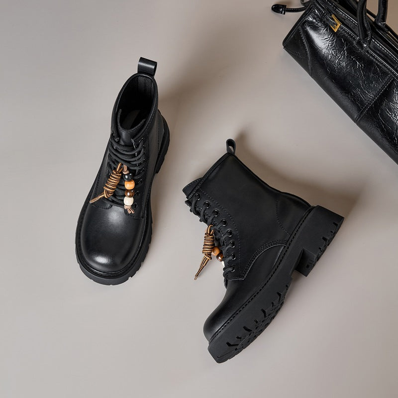 Women's Invisible Height Increasing Insole Martin British Style Retro Pendant Black Women's Leather Boots