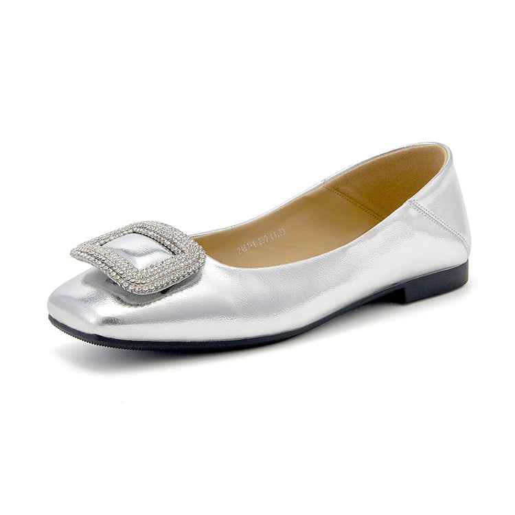Women's Sheepskin Rhinestone Square Buckle Temperament Commute Leather Shoes