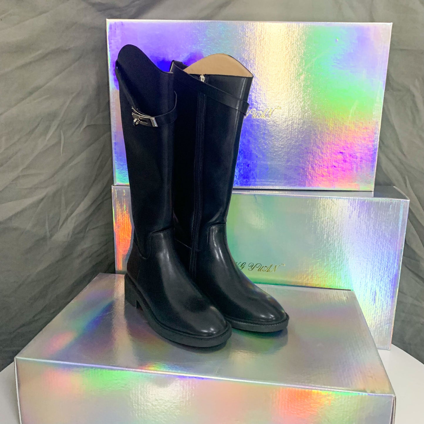 Second Hair Korean Style Slimming Oblique Lock Side Zipper Chunky Women's Leather Boots