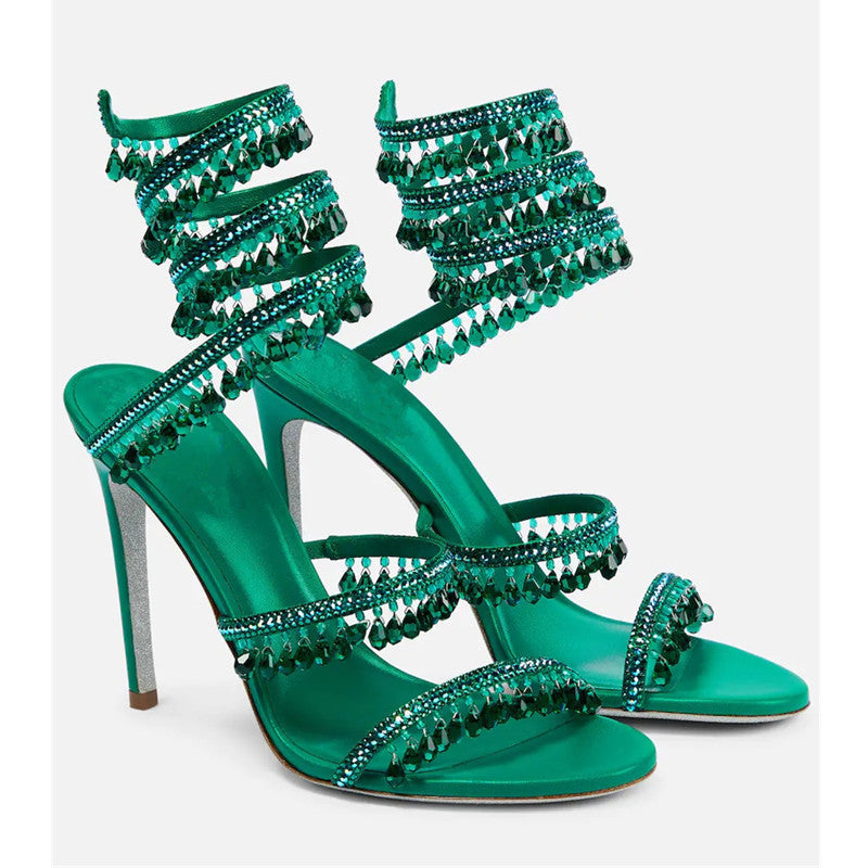Women's Crystal Pendant Snakelike Winding Rhinestone Tassel Decoration Large Size Flat Sandals