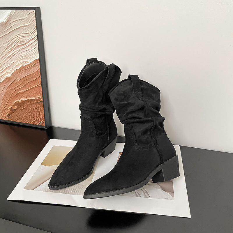 Women's Vintage Suede Pointed Toe Pile Style Short For V Cut Women's Leather Boots