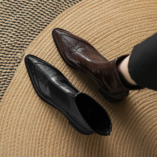 Large Size Retro Pointed Toe Chunky Booties Female Skinny Fashion Women's Leather Boots