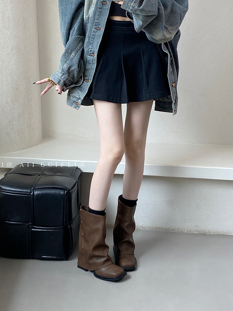 Square Toe Chunky Short Female French Retro Bootie Western Suede Women's Leather Boots