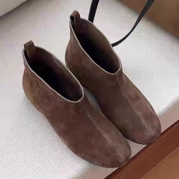 Suede Round Toe Flat Bottom Skinny Booties Female Women's Leather Boots