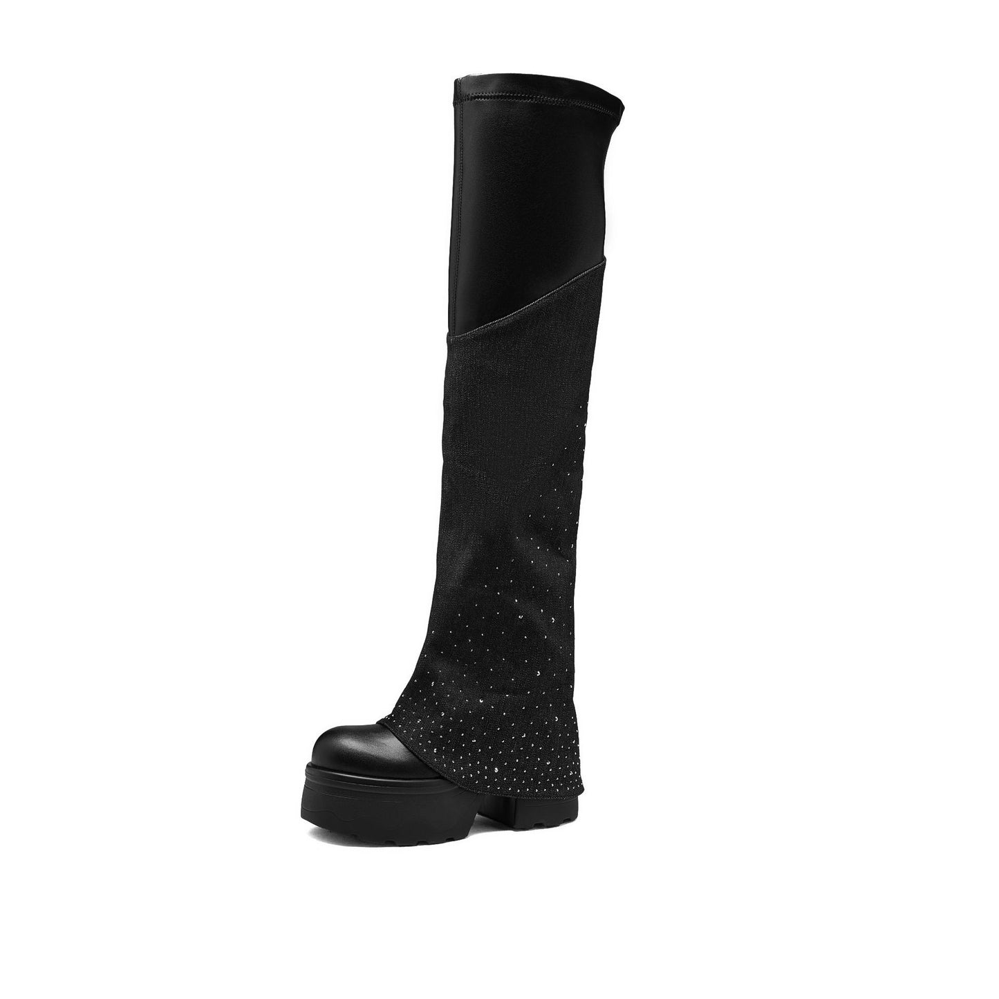 Women's Thick Bottom Height Increasing Fashionable Round Toe Stretch Denim Women's Leather Boots