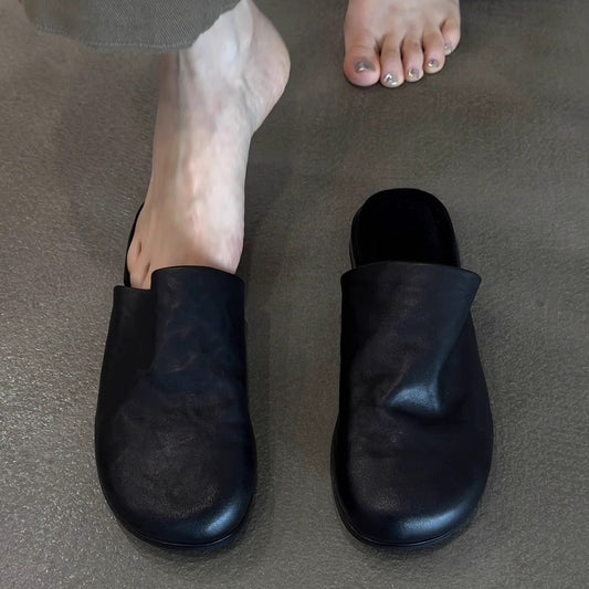 Women's Sheepskin Slip-on Lazy Authentic Toe Box Summer Black Outer Wear Slippers
