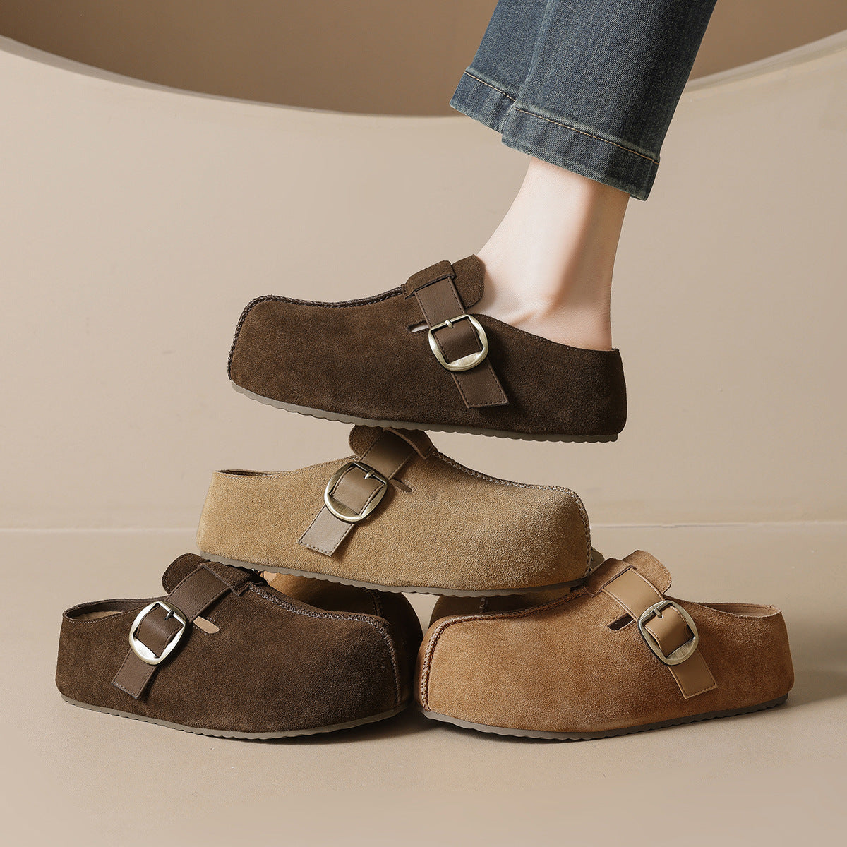 Women's Genuine Thick-soled Outer Wear Retro Slip-on Closed Toe Thick-soles Slippers