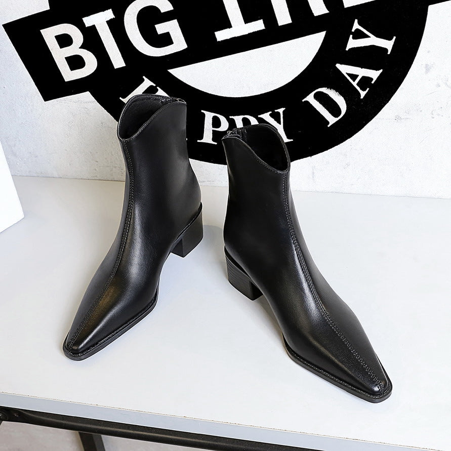 Women's Retro Simple Thick Bootie Pointed Toe Back Zipper Winter Boots